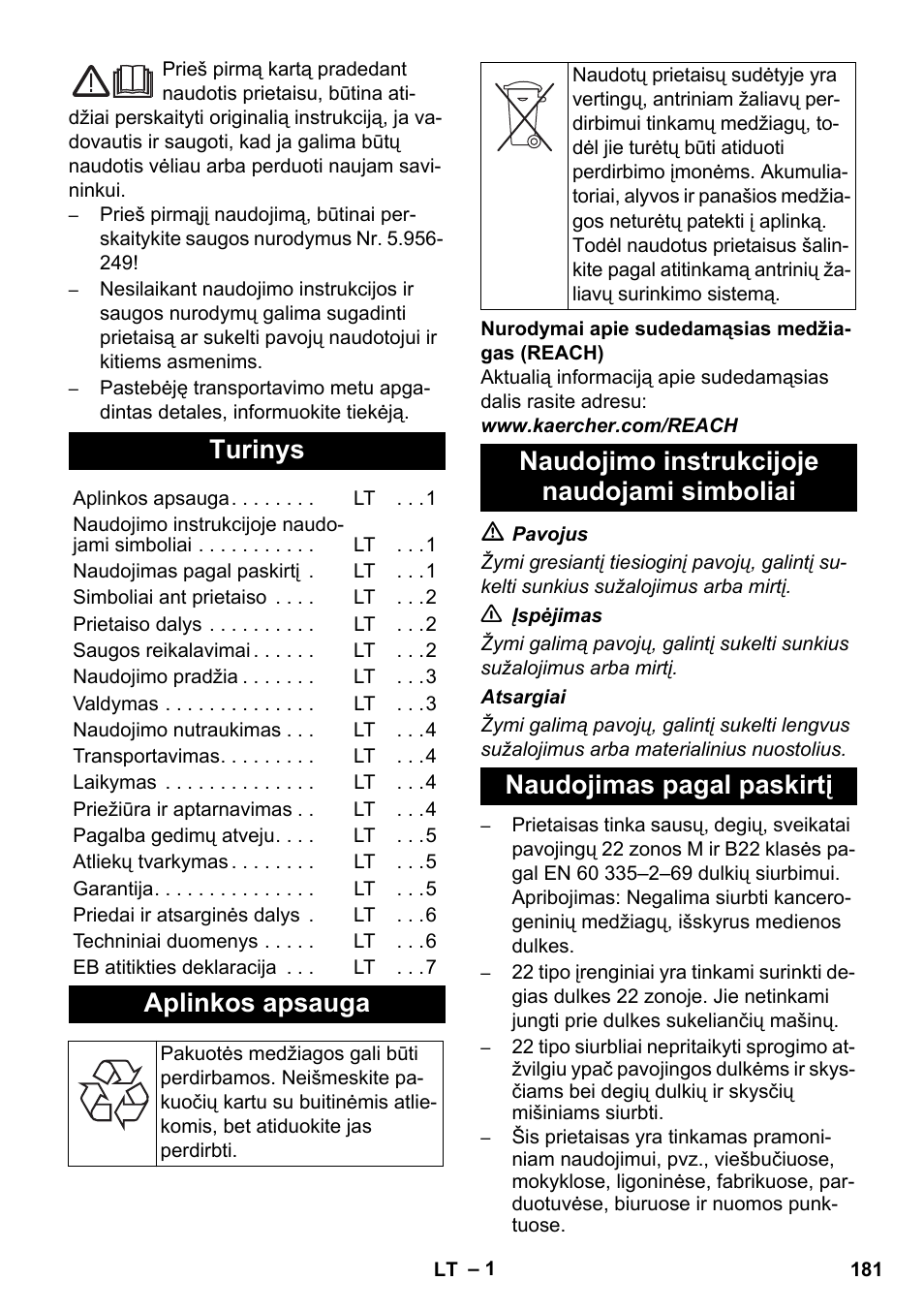 Lietuviškai, Turinys, Aplinkos apsauga | Karcher NT 80-1 B1 M EU User Manual | Page 181 / 200