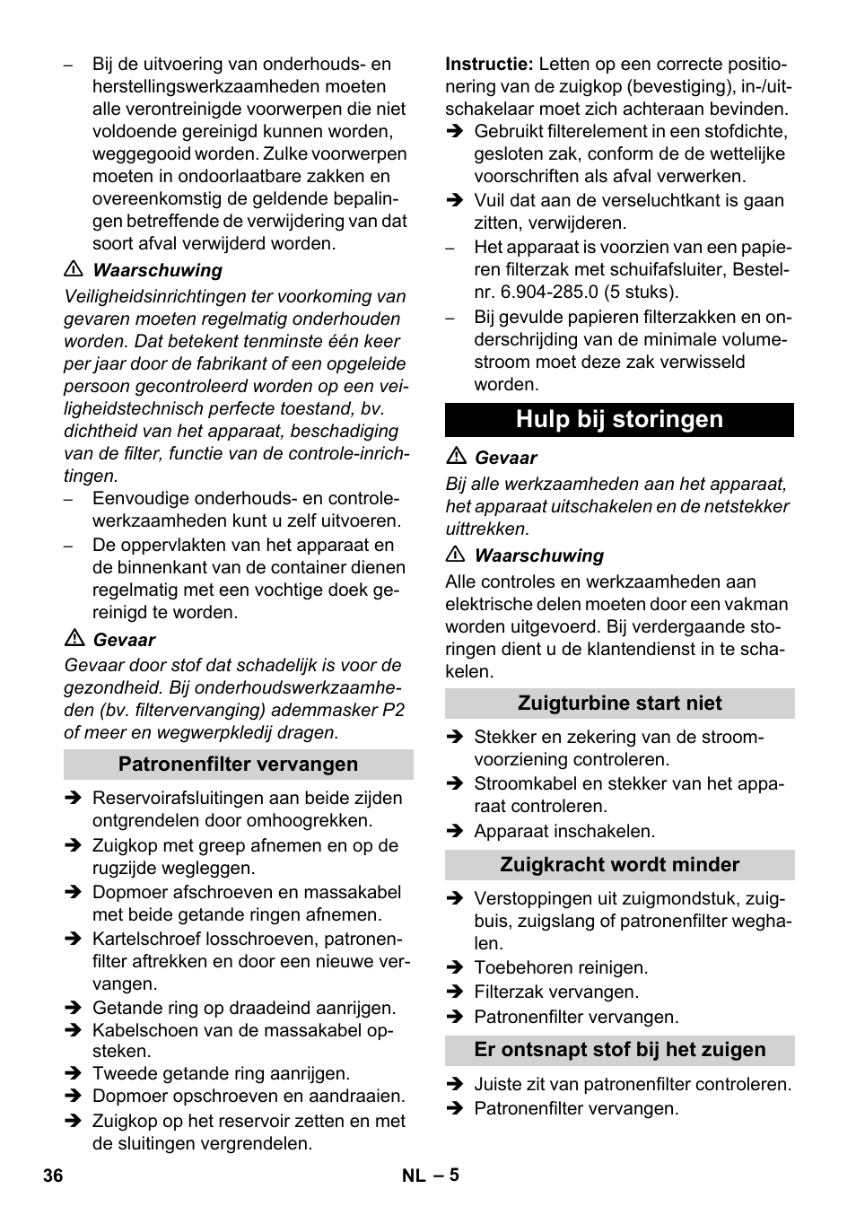 Hulp bij storingen | Karcher NT 80-1 B1 M EU User Manual | Page 36 / 200