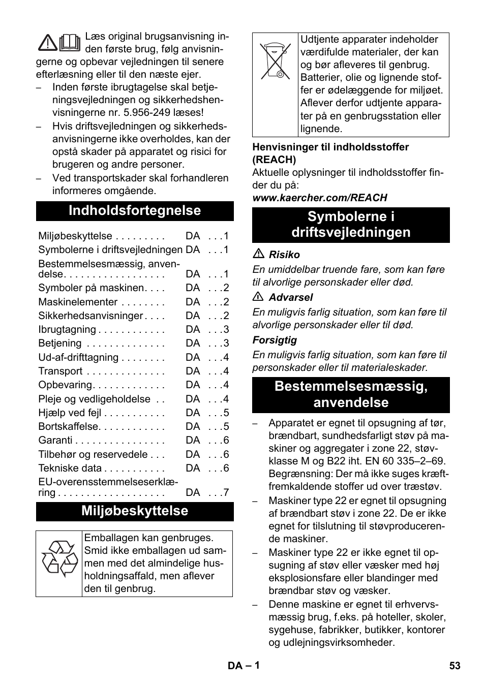 Dansk, Indholdsfortegnelse, Miljøbeskyttelse | Karcher NT 80-1 B1 M EU User Manual | Page 53 / 200