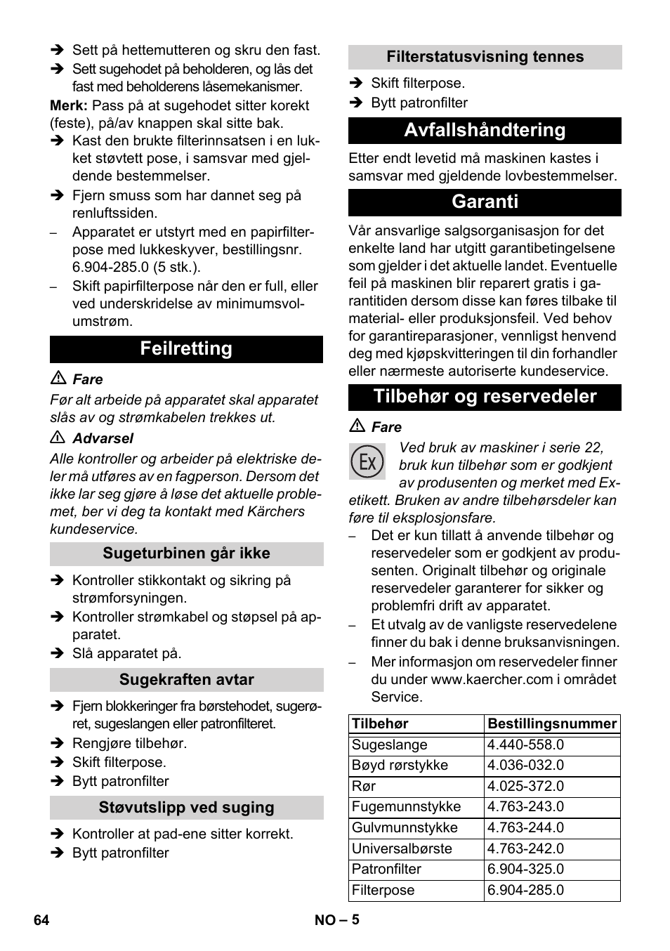 Feilretting, Avfallshåndtering garanti tilbehør og reservedeler | Karcher NT 80-1 B1 M EU User Manual | Page 64 / 200