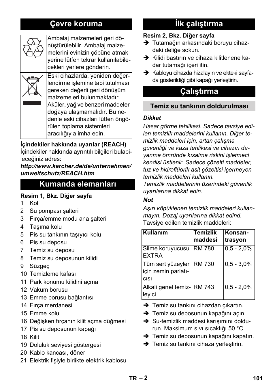 Çevre koruma, Kumanda elemanları ilk çalıştırma çalıştırma | Karcher Hartbodenreiniger BR 4-300 User Manual | Page 101 / 232