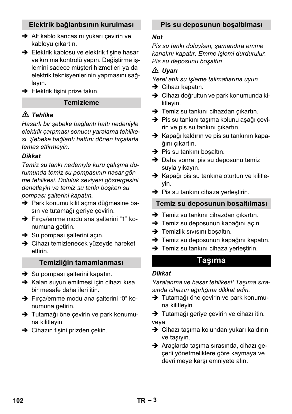 Taşıma | Karcher Hartbodenreiniger BR 4-300 User Manual | Page 102 / 232