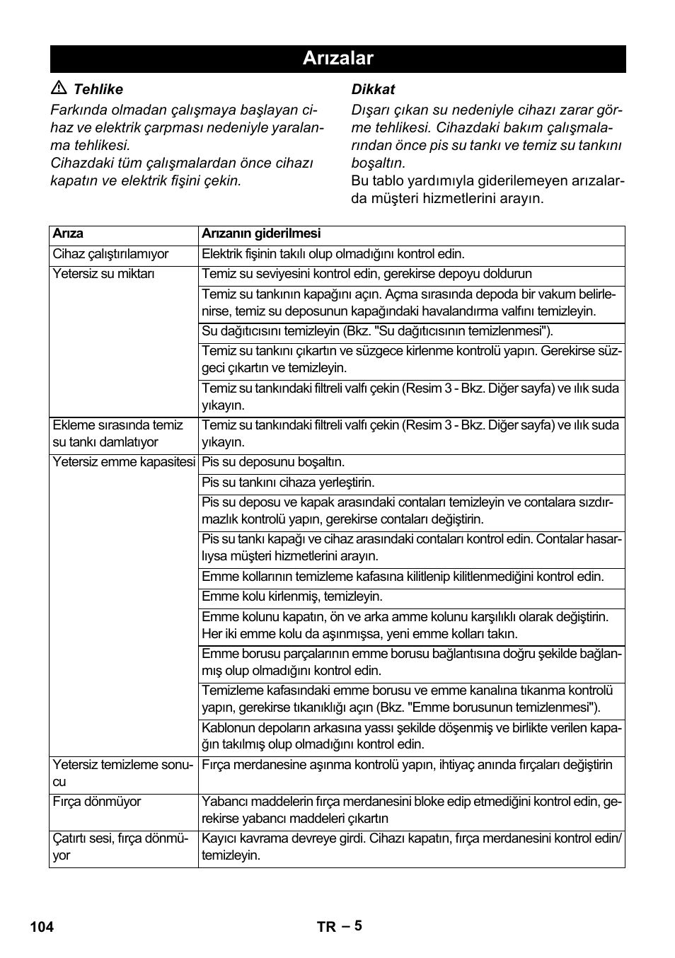 Arızalar | Karcher Hartbodenreiniger BR 4-300 User Manual | Page 104 / 232