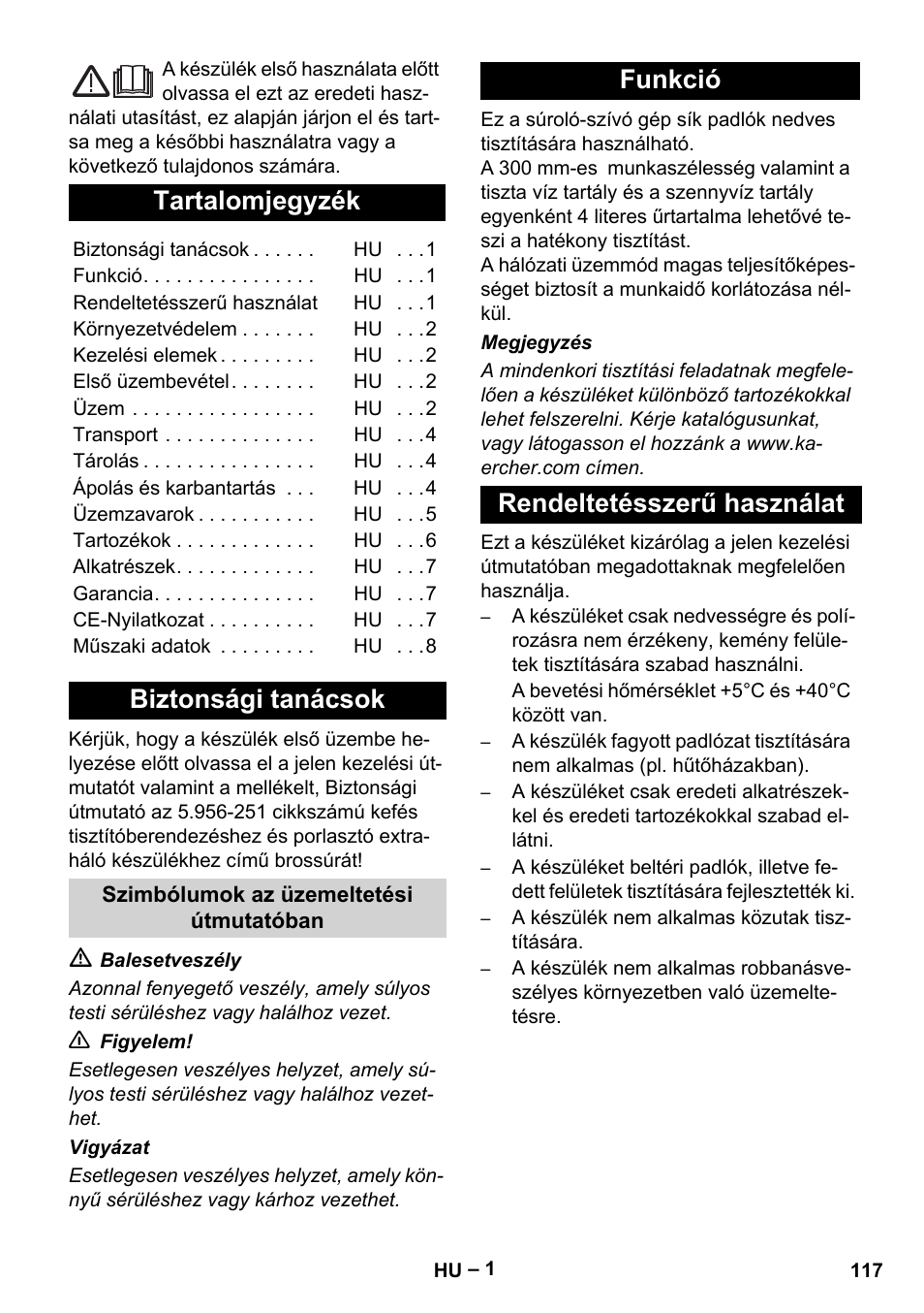 Magyar, Slovenščina, Tartalomjegyzék | Biztonsági tanácsok, Funkció rendeltetésszerű használat | Karcher Hartbodenreiniger BR 4-300 User Manual | Page 117 / 232