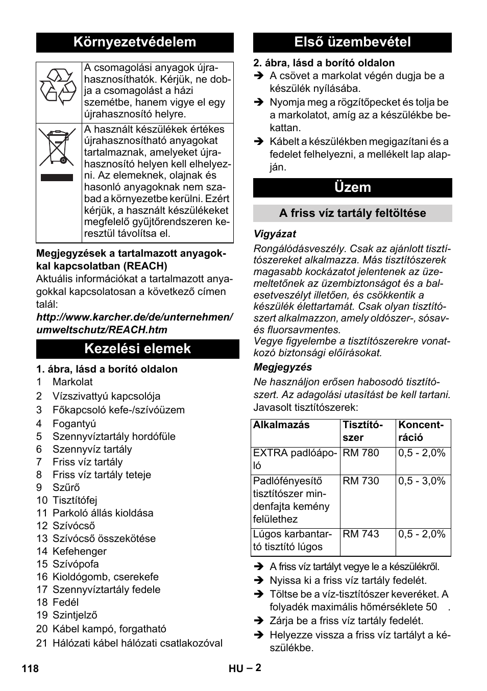 Környezetvédelem, Kezelési elemek első üzembevétel üzem | Karcher Hartbodenreiniger BR 4-300 User Manual | Page 118 / 232