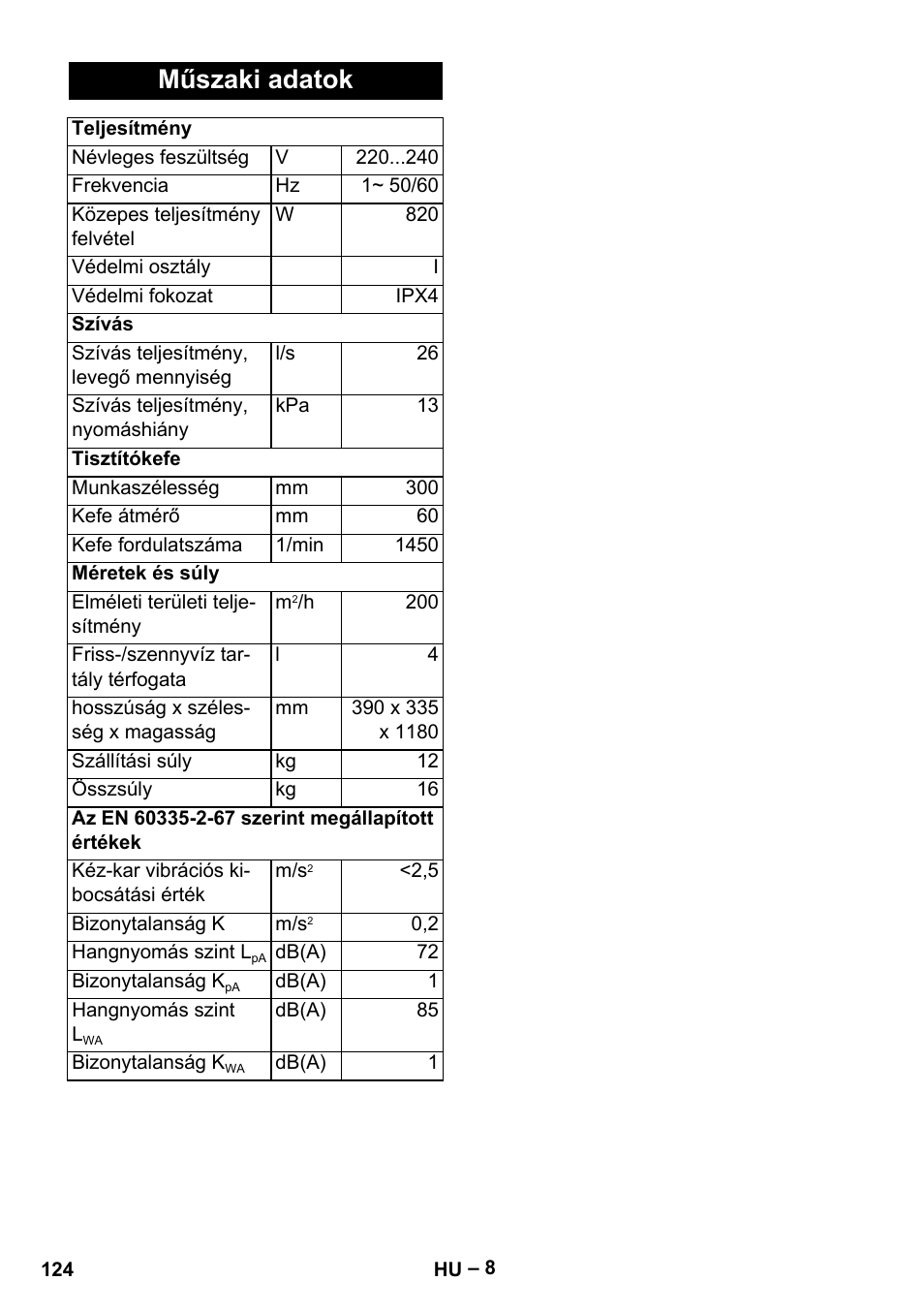 Műszaki adatok | Karcher Hartbodenreiniger BR 4-300 User Manual | Page 124 / 232