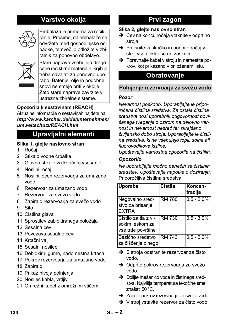 Varstvo okolja, Upravljalni elementi prvi zagon obratovanje | Karcher Hartbodenreiniger BR 4-300 User Manual | Page 134 / 232