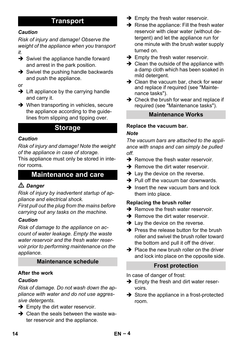Transport storage maintenance and care | Karcher Hartbodenreiniger BR 4-300 User Manual | Page 14 / 232