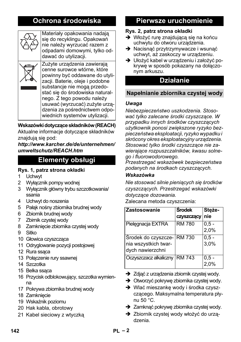 Ochrona środowiska, Elementy obsługi pierwsze uruchomienie działanie | Karcher Hartbodenreiniger BR 4-300 User Manual | Page 142 / 232