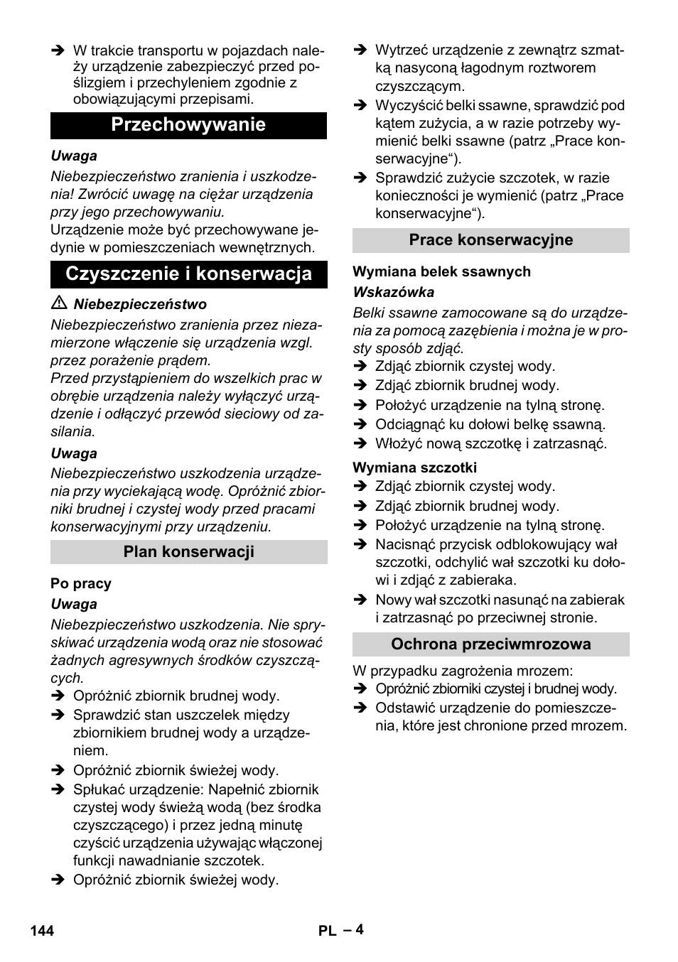 Przechowywanie czyszczenie i konserwacja | Karcher Hartbodenreiniger BR 4-300 User Manual | Page 144 / 232