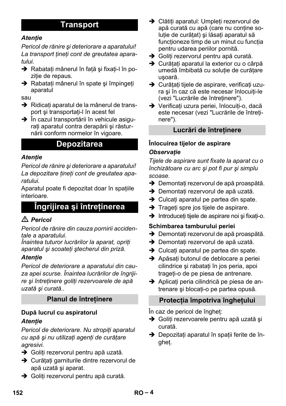 Transport depozitarea îngrijirea şi întreţinerea | Karcher Hartbodenreiniger BR 4-300 User Manual | Page 152 / 232