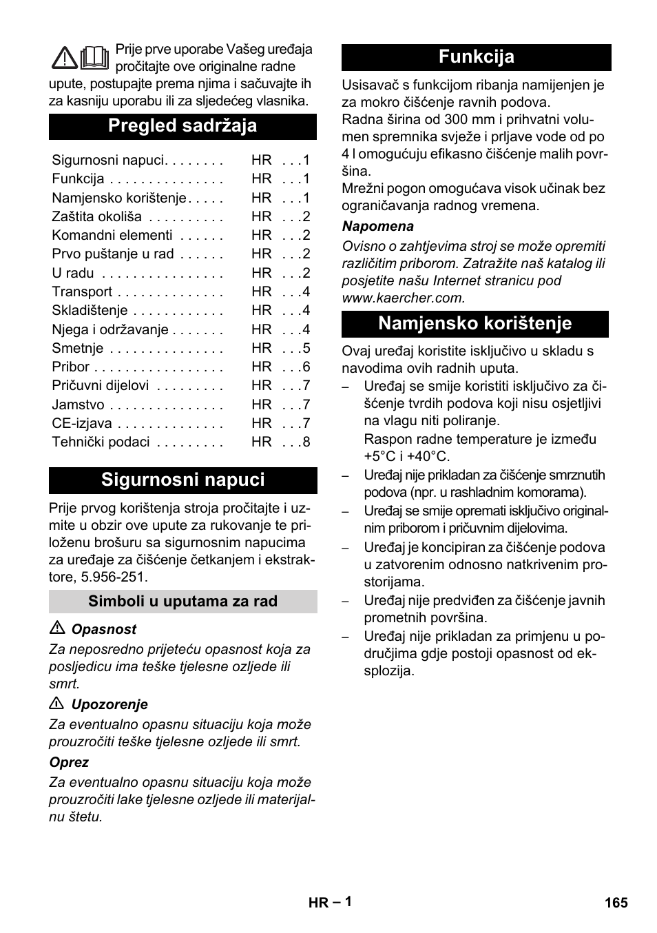 Hrvatski, Български, Pregled sadržaja | Sigurnosni napuci, Funkcija namjensko korištenje | Karcher Hartbodenreiniger BR 4-300 User Manual | Page 165 / 232