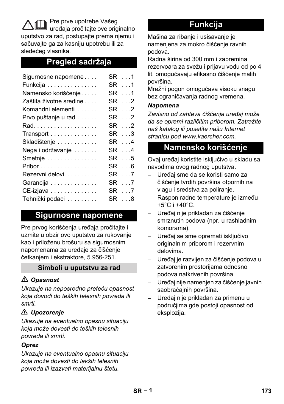 Srpski, Eesti, Pregled sadržaja | Sigurnosne napomene, Funkcija namensko korišćenje | Karcher Hartbodenreiniger BR 4-300 User Manual | Page 173 / 232