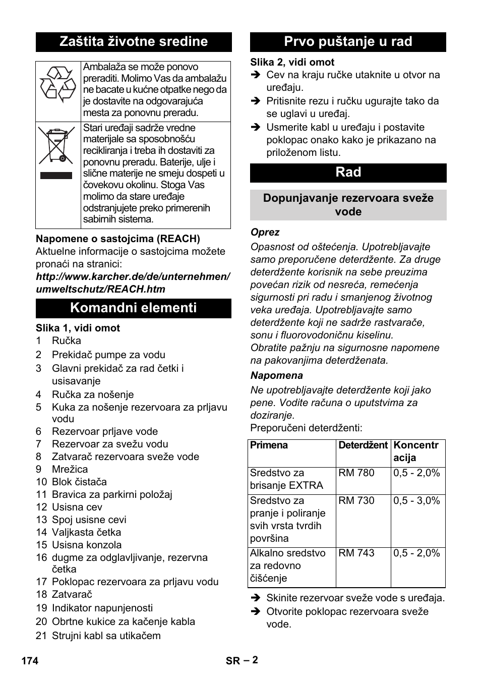 Zaštita životne sredine, Komandni elementi prvo puštanje u rad rad | Karcher Hartbodenreiniger BR 4-300 User Manual | Page 174 / 232
