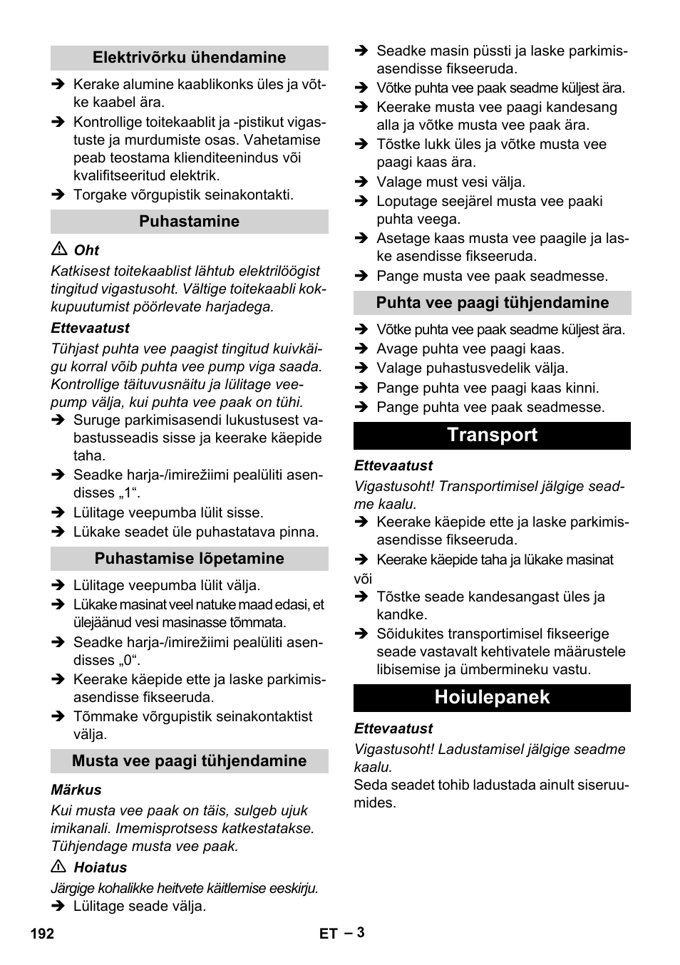 Transport hoiulepanek | Karcher Hartbodenreiniger BR 4-300 User Manual | Page 192 / 232