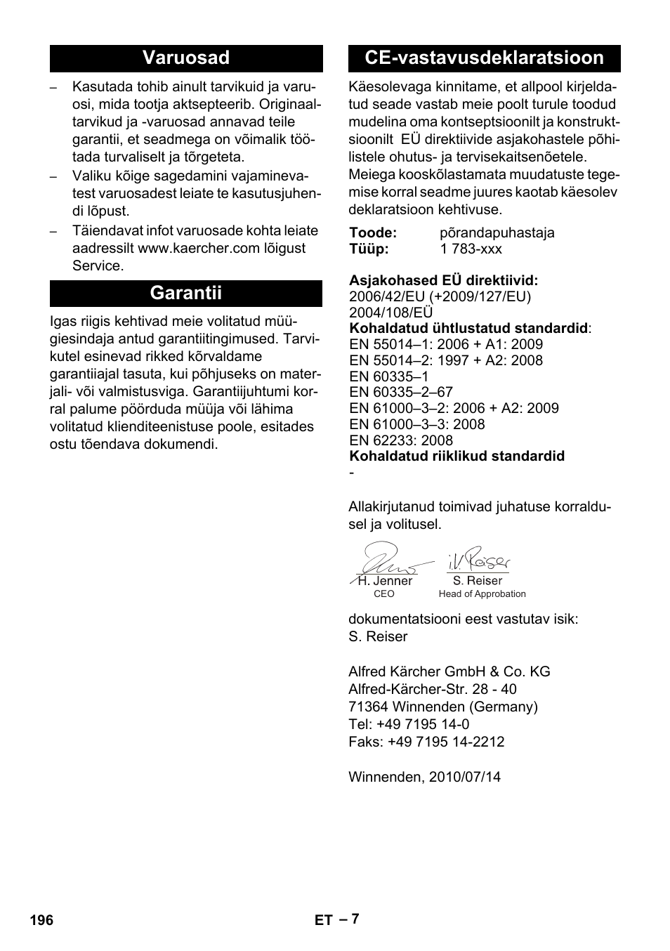 Varuosad garantii ce-vastavusdeklaratsioon | Karcher Hartbodenreiniger BR 4-300 User Manual | Page 196 / 232