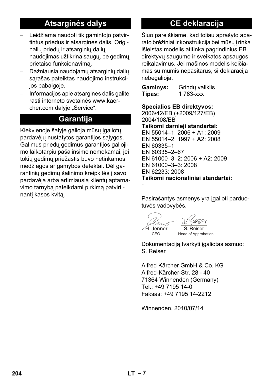 Atsarginės dalys garantija ce deklaracija | Karcher Hartbodenreiniger BR 4-300 User Manual | Page 204 / 232