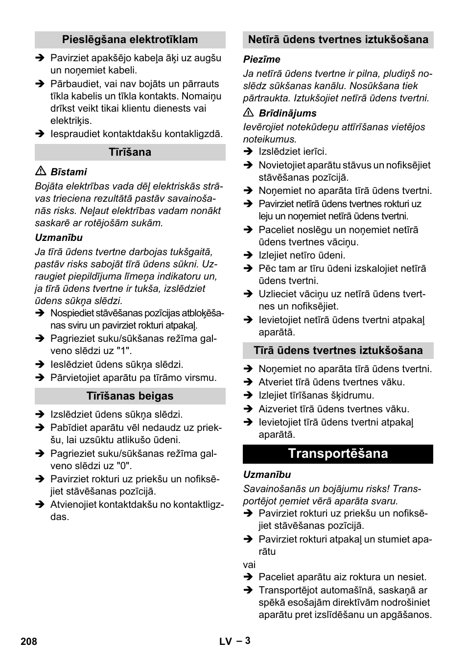 Transportēšana | Karcher Hartbodenreiniger BR 4-300 User Manual | Page 208 / 232