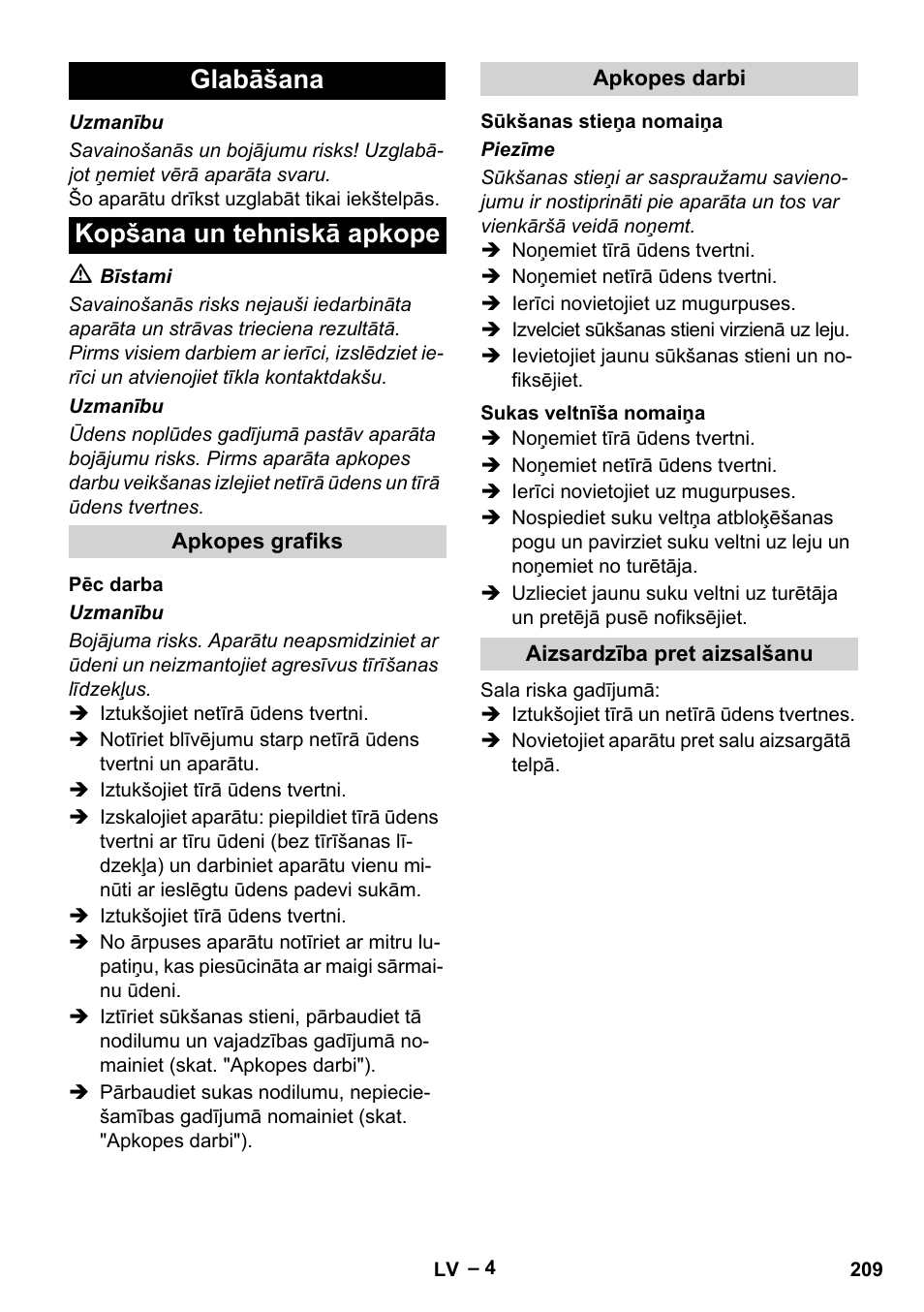 Glabāšana kopšana un tehniskā apkope | Karcher Hartbodenreiniger BR 4-300 User Manual | Page 209 / 232