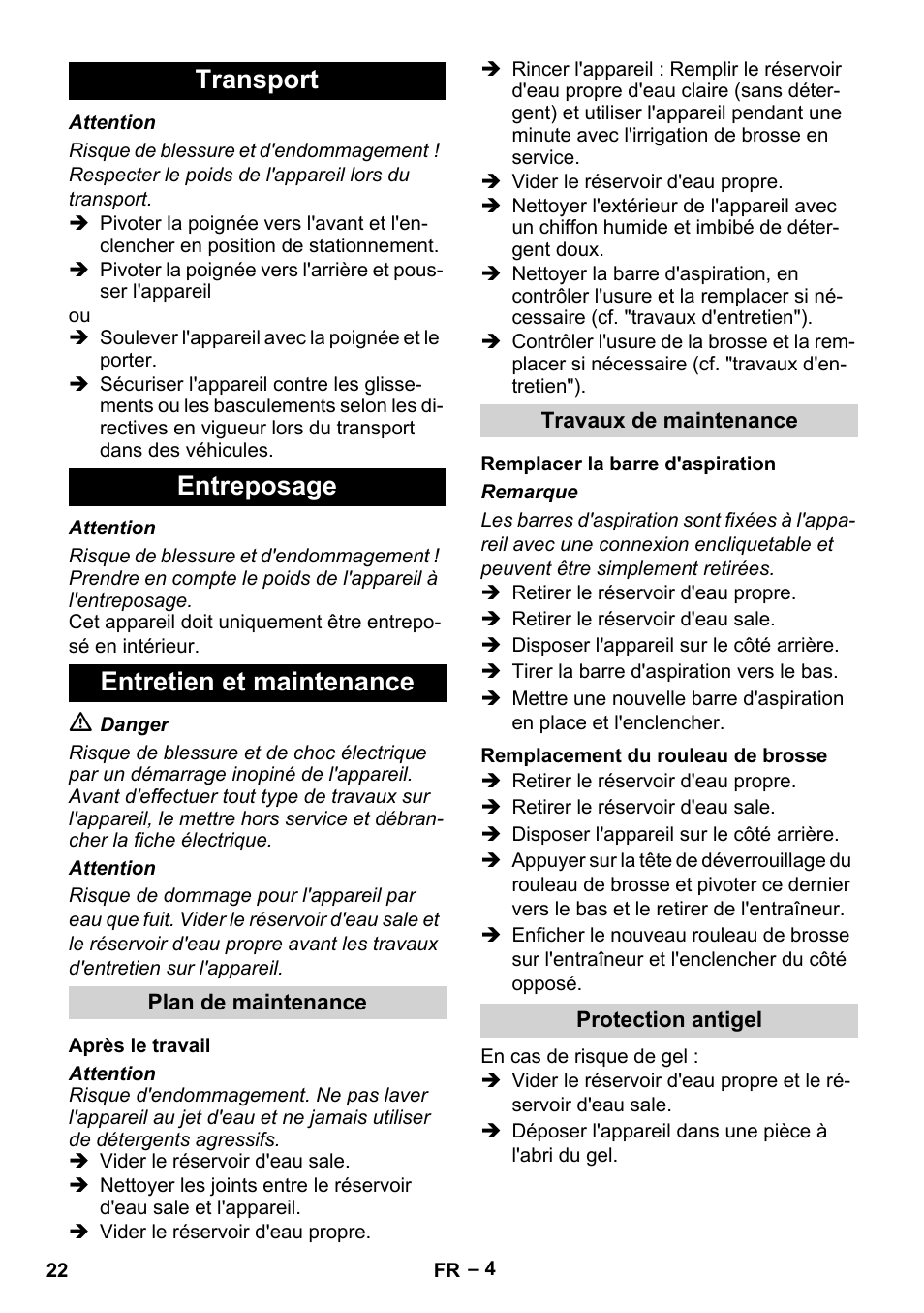 Transport entreposage entretien et maintenance | Karcher Hartbodenreiniger BR 4-300 User Manual | Page 22 / 232