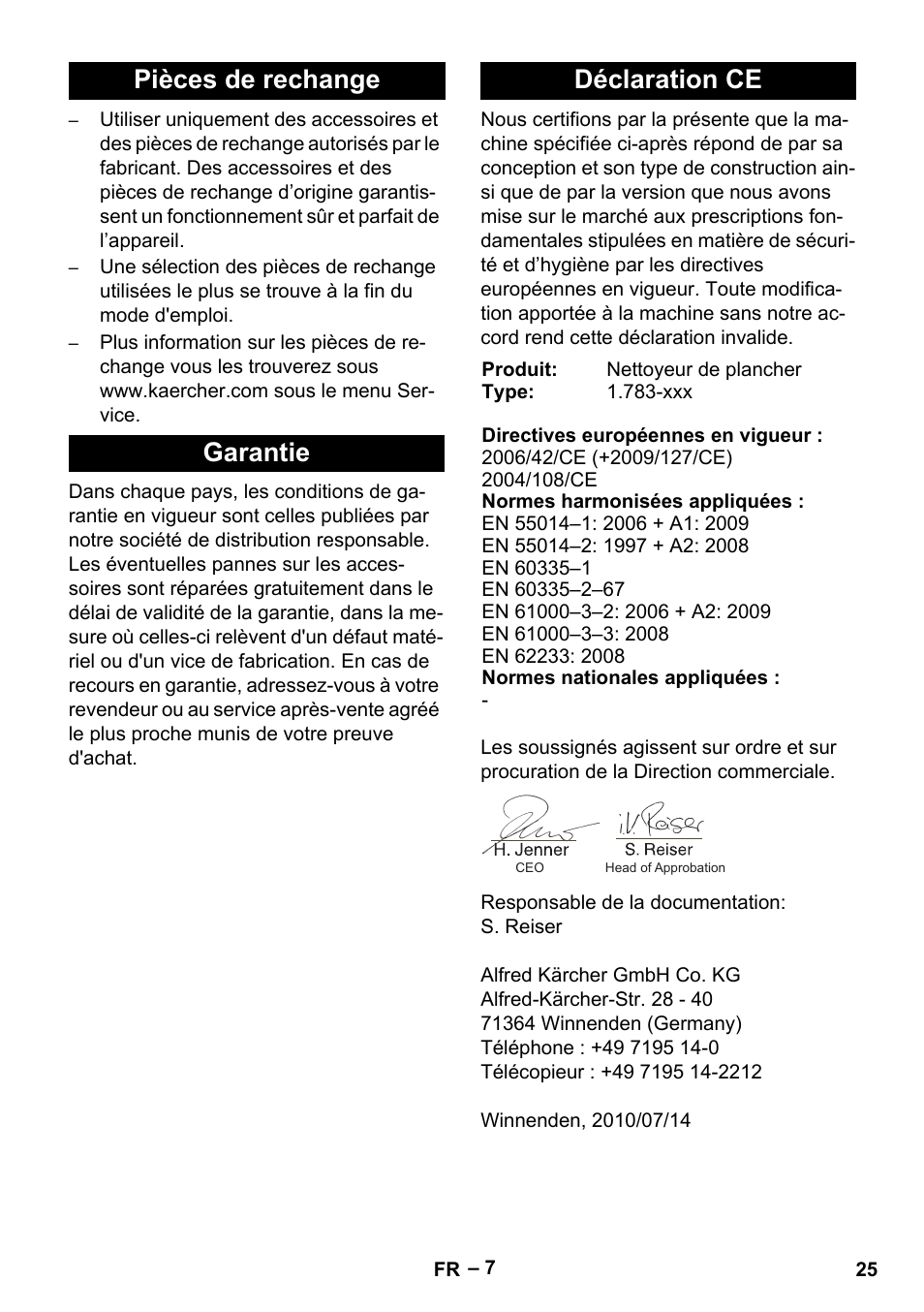 Pièces de rechange garantie déclaration ce | Karcher Hartbodenreiniger BR 4-300 User Manual | Page 25 / 232