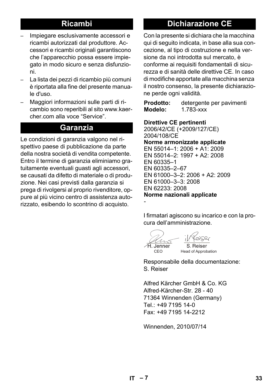 Ricambi garanzia dichiarazione ce | Karcher Hartbodenreiniger BR 4-300 User Manual | Page 33 / 232