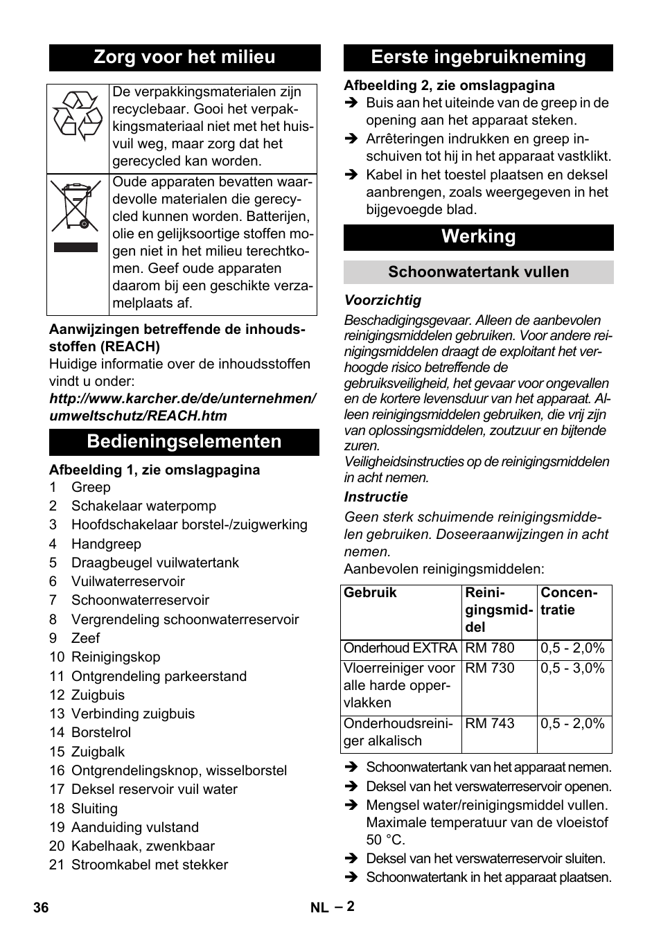 Zorg voor het milieu, Bedieningselementen eerste ingebruikneming werking | Karcher Hartbodenreiniger BR 4-300 User Manual | Page 36 / 232