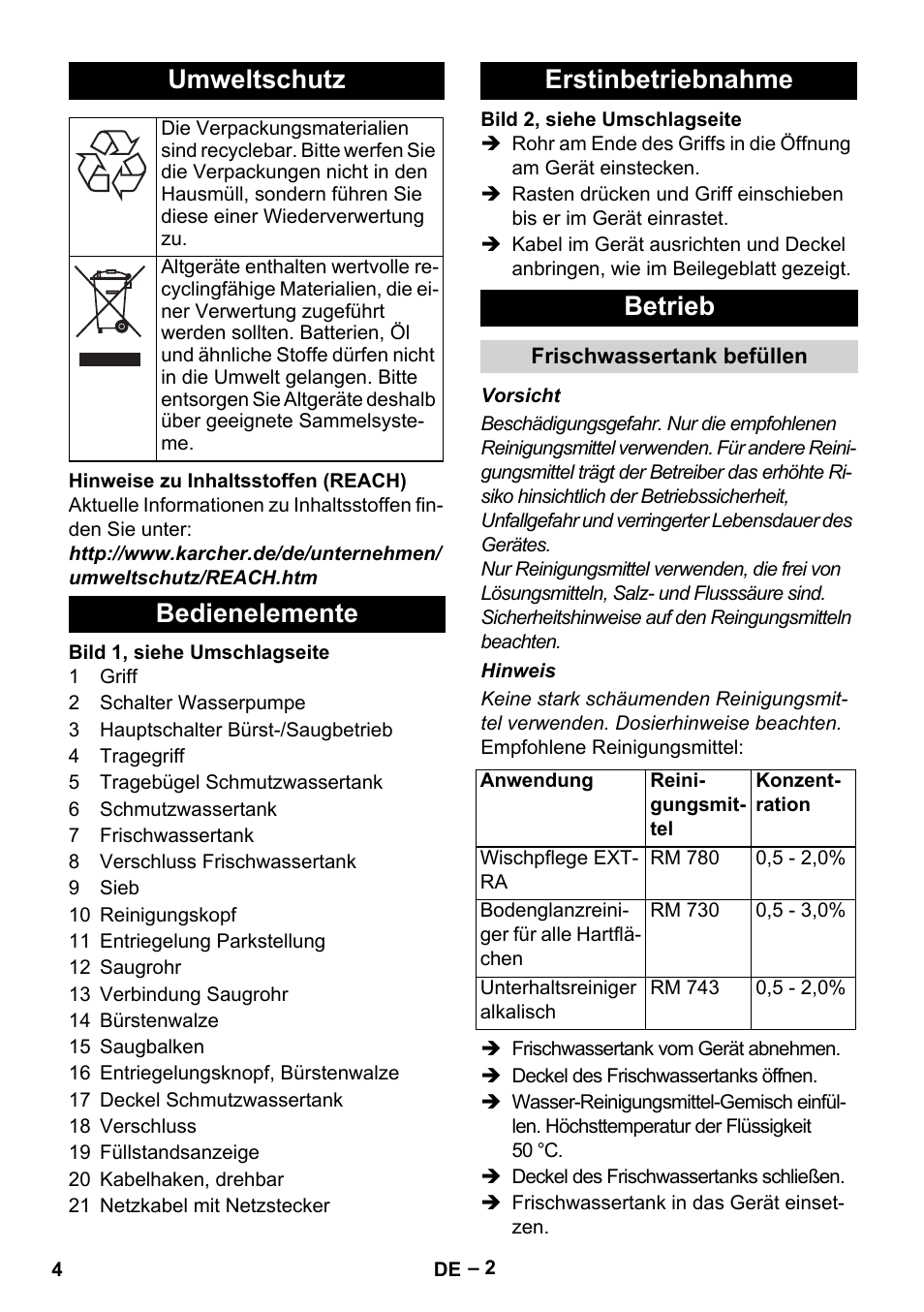 Umweltschutz, Bedienelemente erstinbetriebnahme betrieb | Karcher Hartbodenreiniger BR 4-300 User Manual | Page 4 / 232