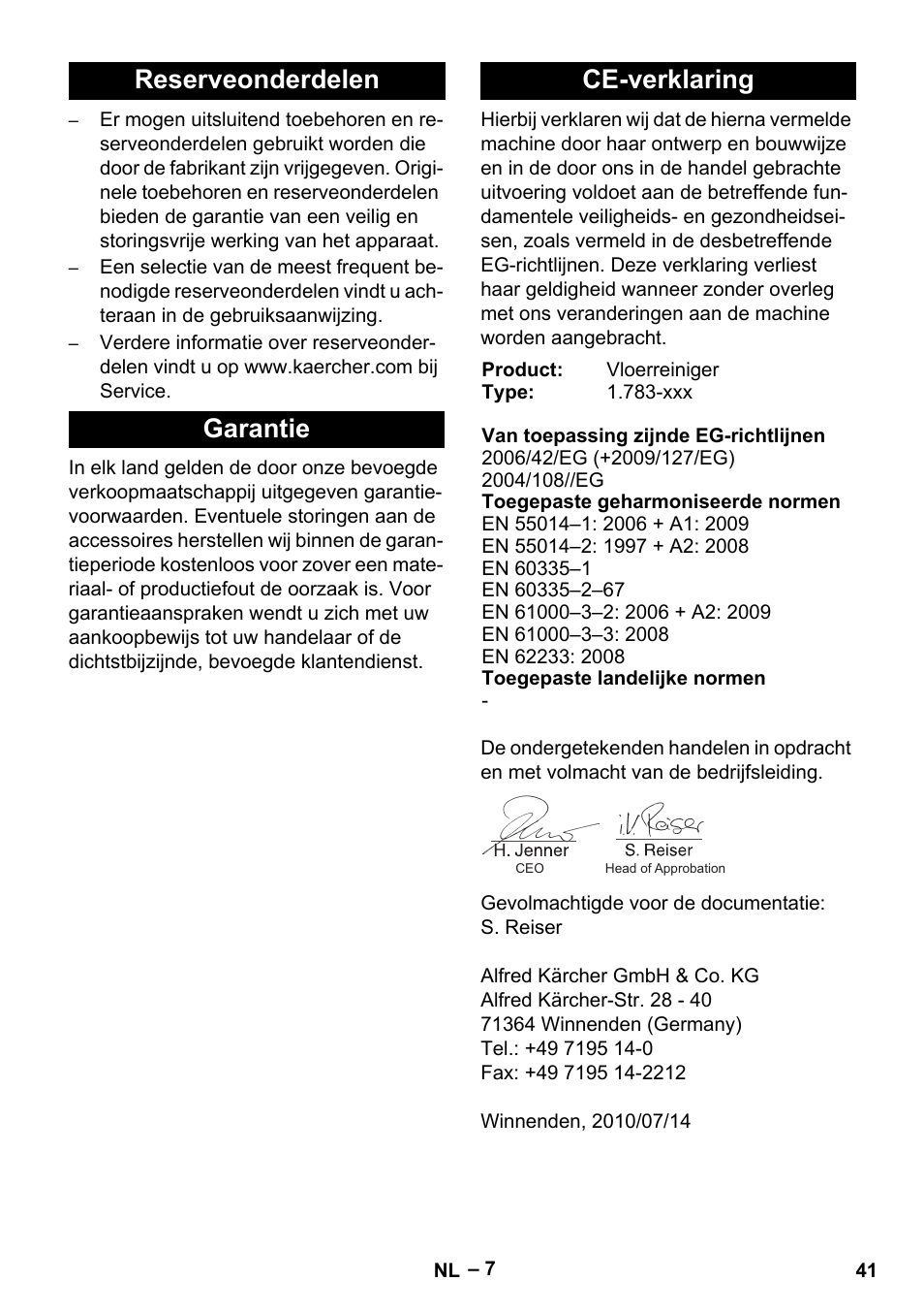 Reserveonderdelen garantie ce-verklaring | Karcher Hartbodenreiniger BR 4-300 User Manual | Page 41 / 232