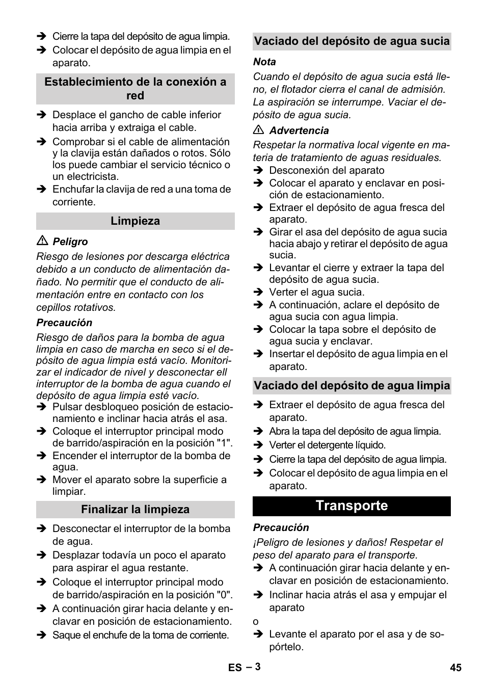 Transporte | Karcher Hartbodenreiniger BR 4-300 User Manual | Page 45 / 232