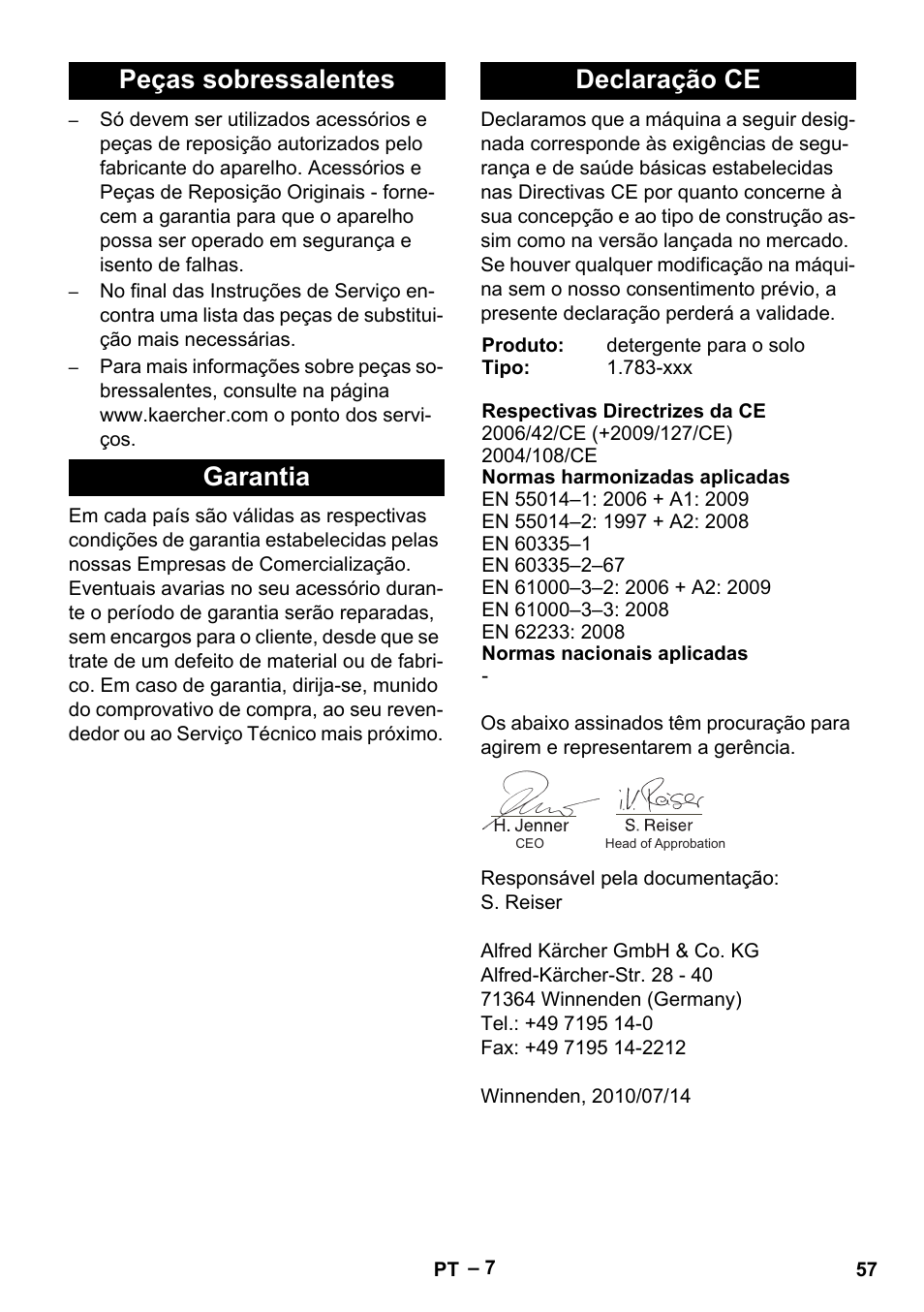 Peças sobressalentes garantia declaração ce | Karcher Hartbodenreiniger BR 4-300 User Manual | Page 57 / 232