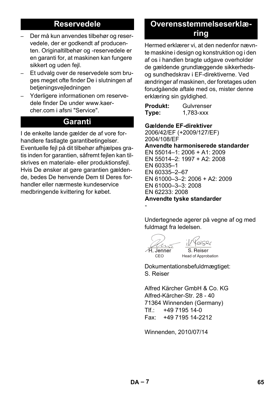 Reservedele garanti overensstemmelseserklæ- ring | Karcher Hartbodenreiniger BR 4-300 User Manual | Page 65 / 232
