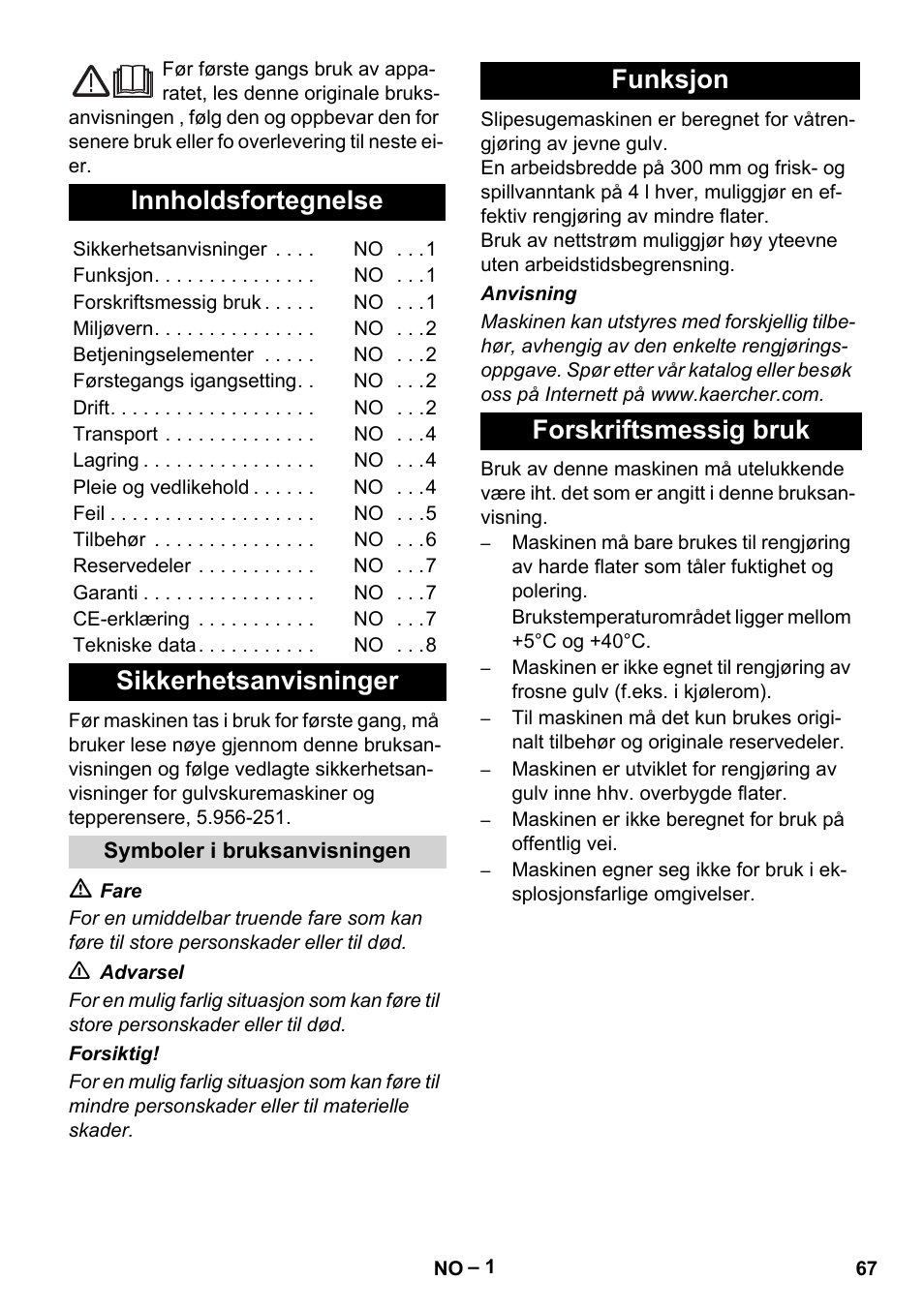 Norsk, Suomi, Innholdsfortegnelse | Sikkerhetsanvisninger, Funksjon forskriftsmessig bruk | Karcher Hartbodenreiniger BR 4-300 User Manual | Page 67 / 232