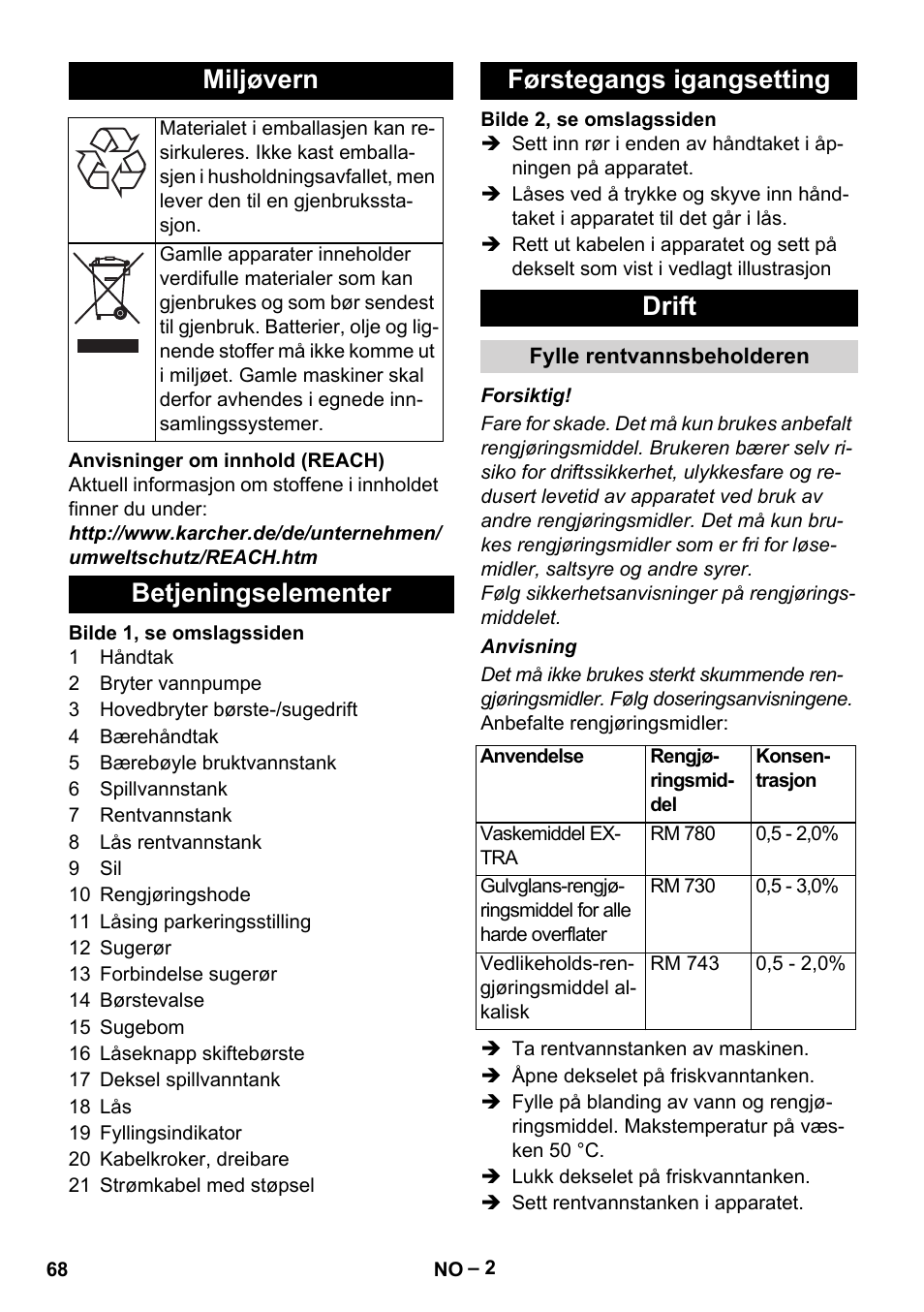Miljøvern, Betjeningselementer førstegangs igangsetting drift | Karcher Hartbodenreiniger BR 4-300 User Manual | Page 68 / 232