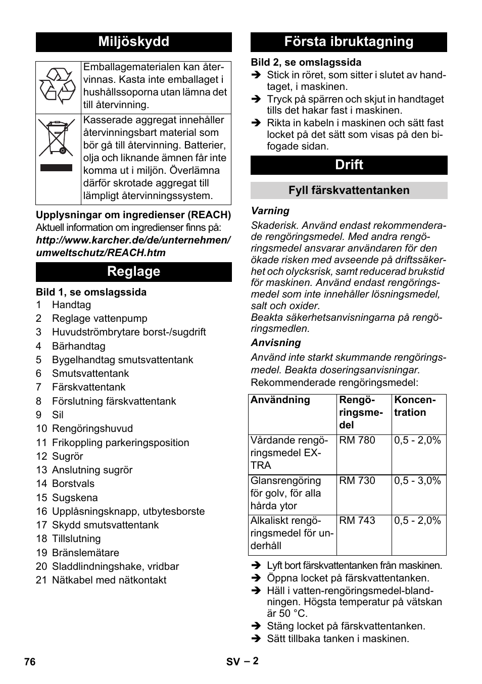 Miljöskydd, Reglage första ibruktagning drift | Karcher Hartbodenreiniger BR 4-300 User Manual | Page 76 / 232