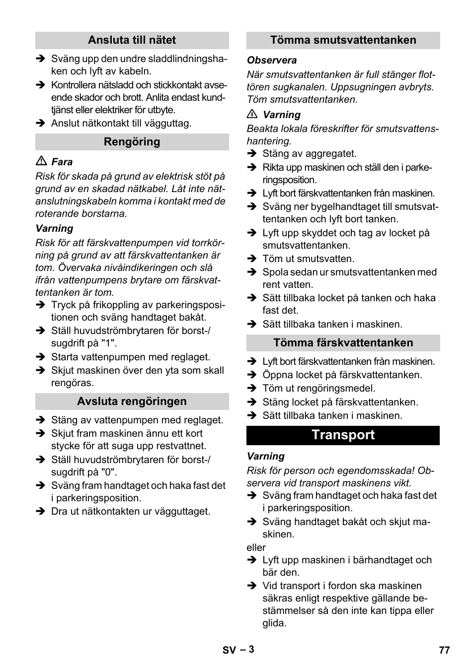 Transport | Karcher Hartbodenreiniger BR 4-300 User Manual | Page 77 / 232
