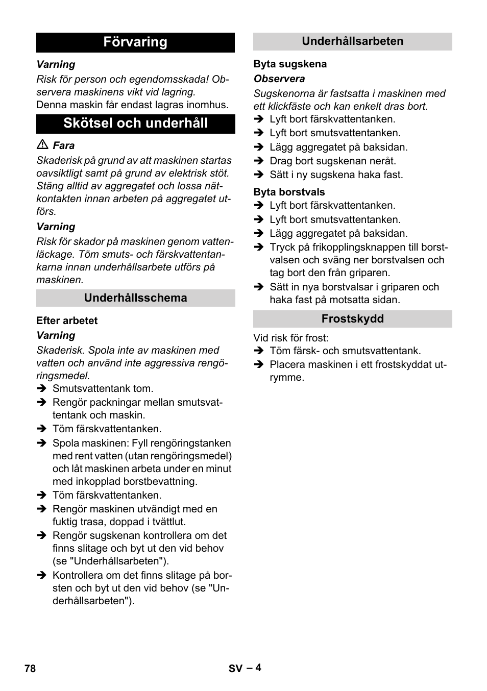 Förvaring skötsel och underhåll | Karcher Hartbodenreiniger BR 4-300 User Manual | Page 78 / 232