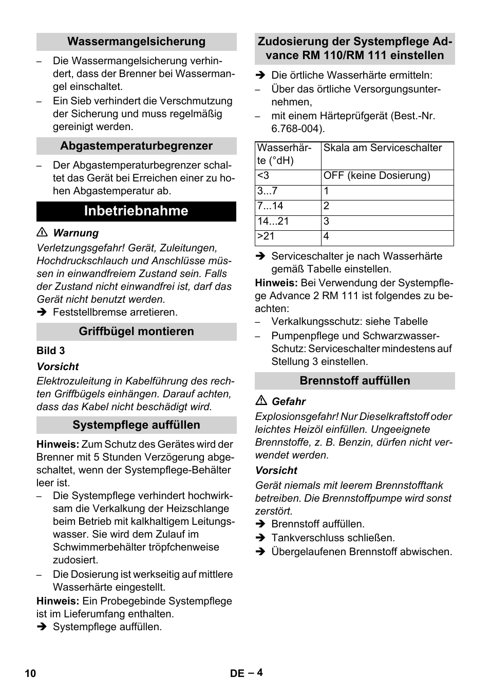 Wassermangelsicherung, Abgastemperaturbegrenzer, Inbetriebnahme | Griffbügel montieren, Systempflege auffüllen, Brennstoff auffüllen | Karcher HDS 10-20 -4M CLASSIC EU-I User Manual | Page 10 / 480