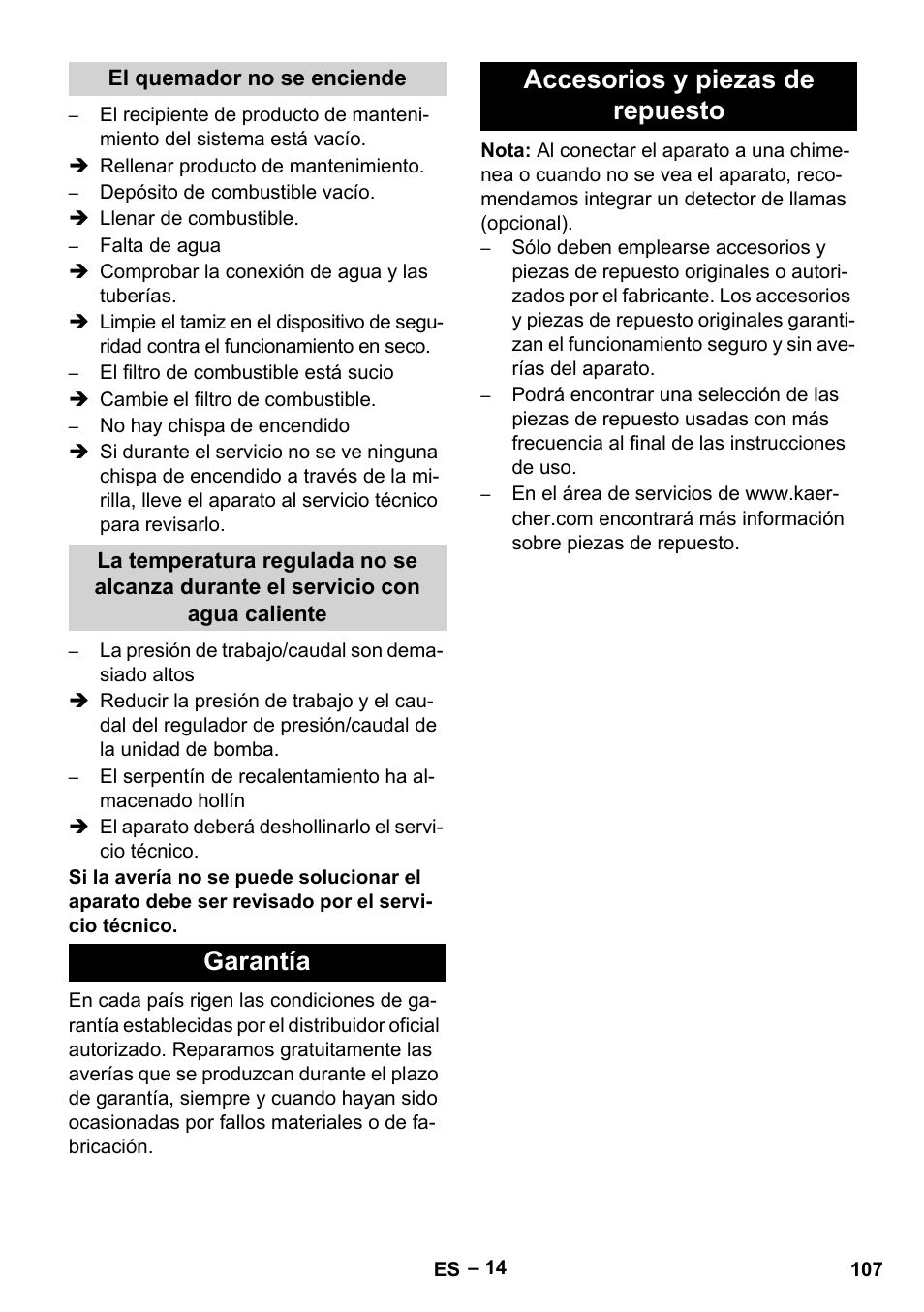 El quemador no se enciende, Garantía, Accesorios y piezas de repuesto | Garantía accesorios y piezas de repuesto | Karcher HDS 10-20 -4M CLASSIC EU-I User Manual | Page 107 / 480