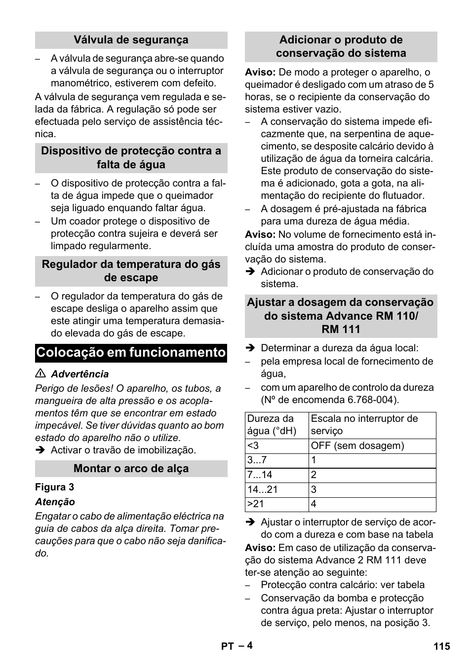 Válvula de segurança, Dispositivo de protecção contra a falta de água, Regulador da temperatura do gás de escape | Colocação em funcionamento, Montar o arco de alça, Adicionar o produto de conservação do sistema | Karcher HDS 10-20 -4M CLASSIC EU-I User Manual | Page 115 / 480