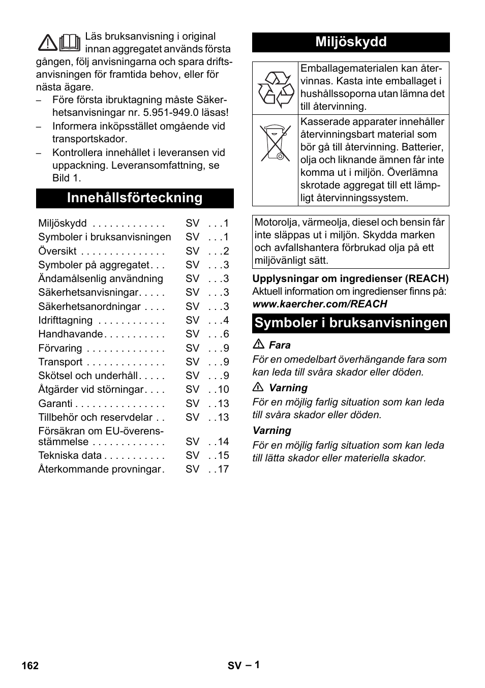 Svenska, Innehållsförteckning, Miljöskydd | Symboler i bruksanvisningen | Karcher HDS 10-20 -4M CLASSIC EU-I User Manual | Page 162 / 480