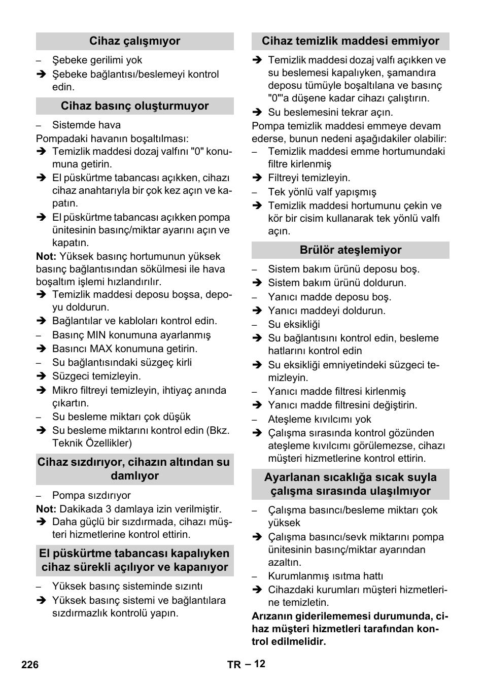 Cihaz çalışmıyor, Cihaz basınç oluşturmuyor, Cihaz sızdırıyor, cihazın altından su damlıyor | Cihaz temizlik maddesi emmiyor, Brülör ateşlemiyor | Karcher HDS 10-20 -4M CLASSIC EU-I User Manual | Page 226 / 480