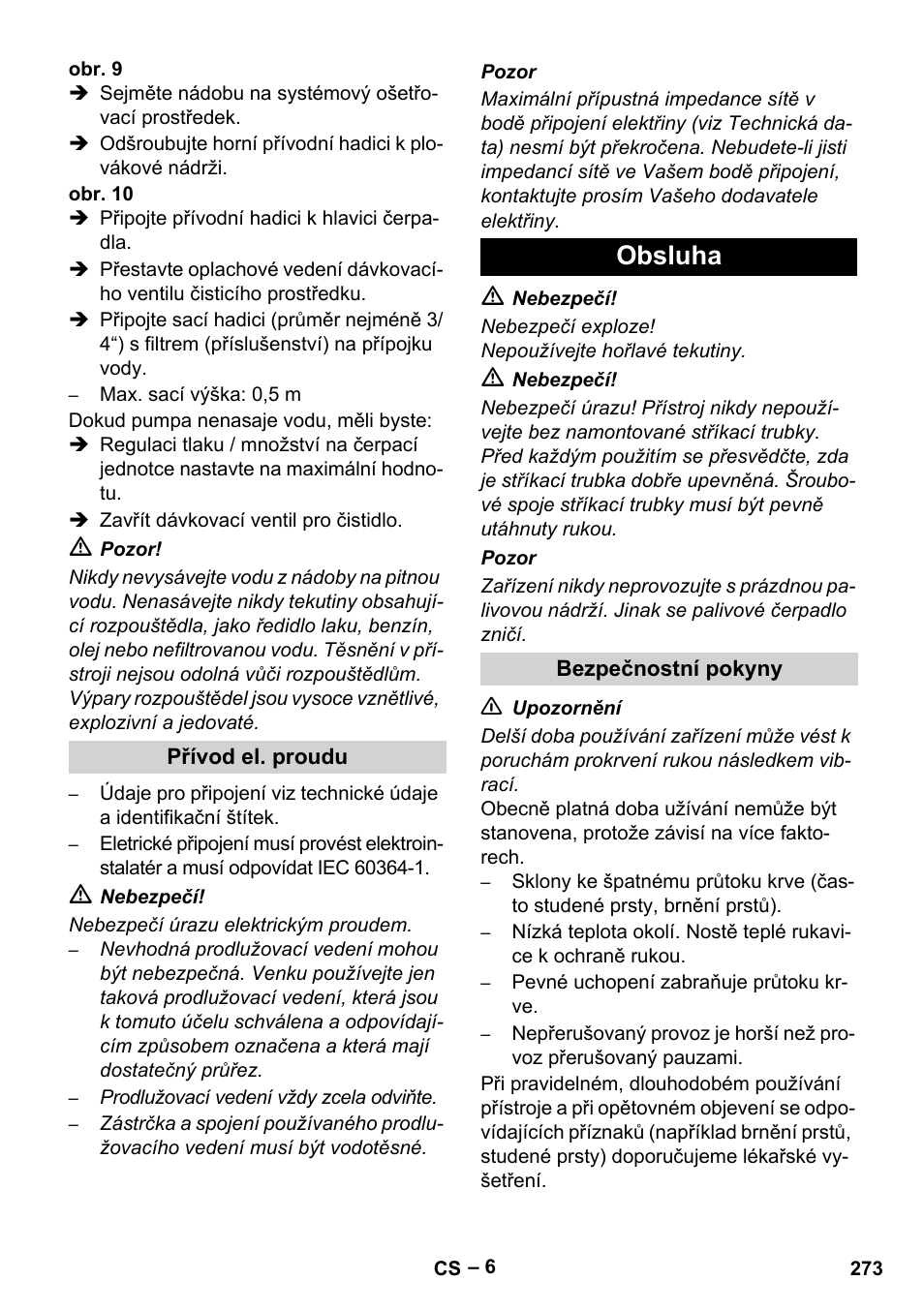 Přívod el. proudu, Obsluha, Bezpečnostní pokyny | Karcher HDS 10-20 -4M CLASSIC EU-I User Manual | Page 273 / 480