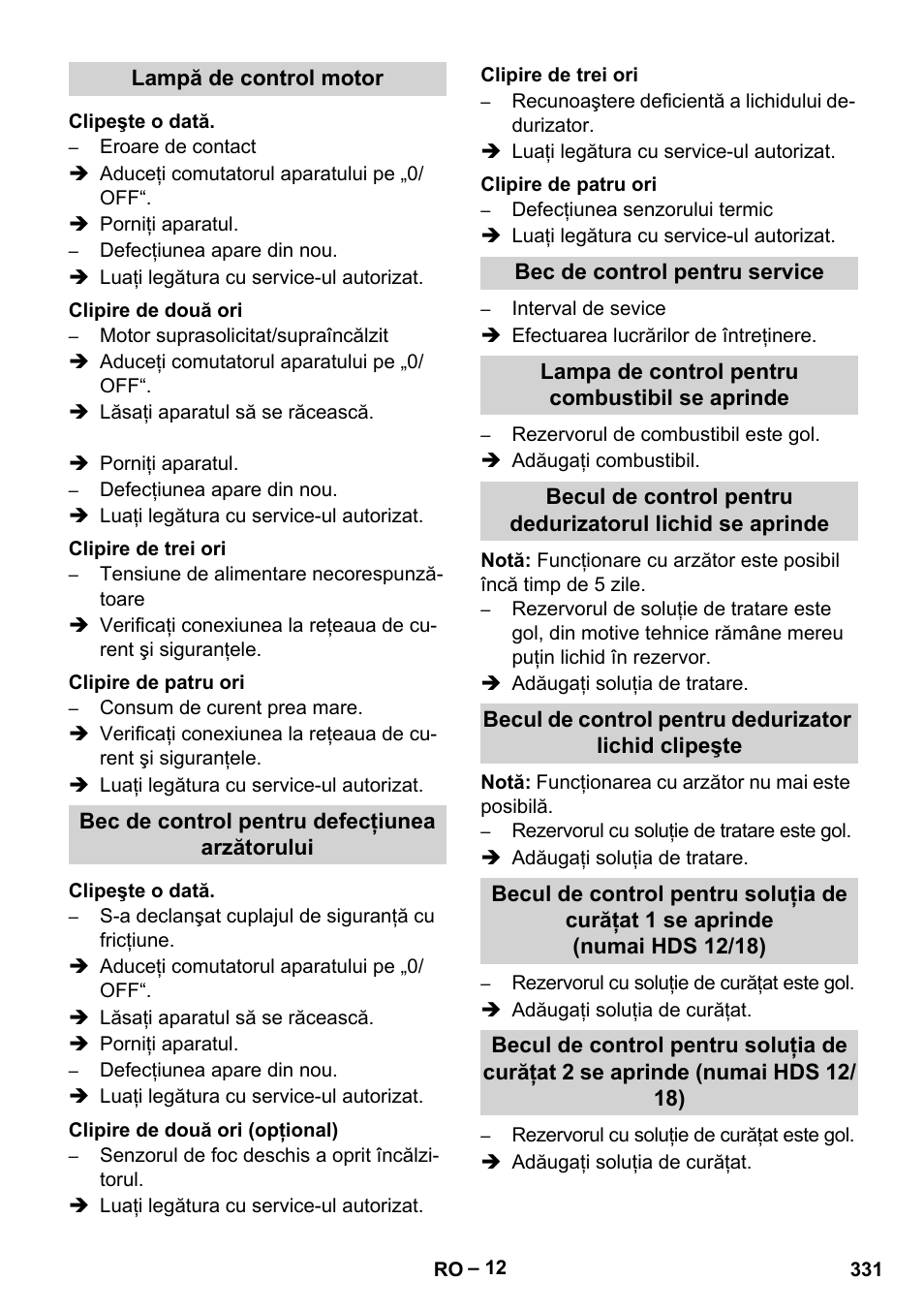 Lampă de control motor, Clipeşte o dată, Clipire de două ori | Clipire de trei ori, Clipire de patru ori, Bec de control pentru defecţiunea arzătorului, Clipire de două ori (opţional), Bec de control pentru service, Lampa de control pentru combustibil se aprinde | Karcher HDS 10-20 -4M CLASSIC EU-I User Manual | Page 331 / 480