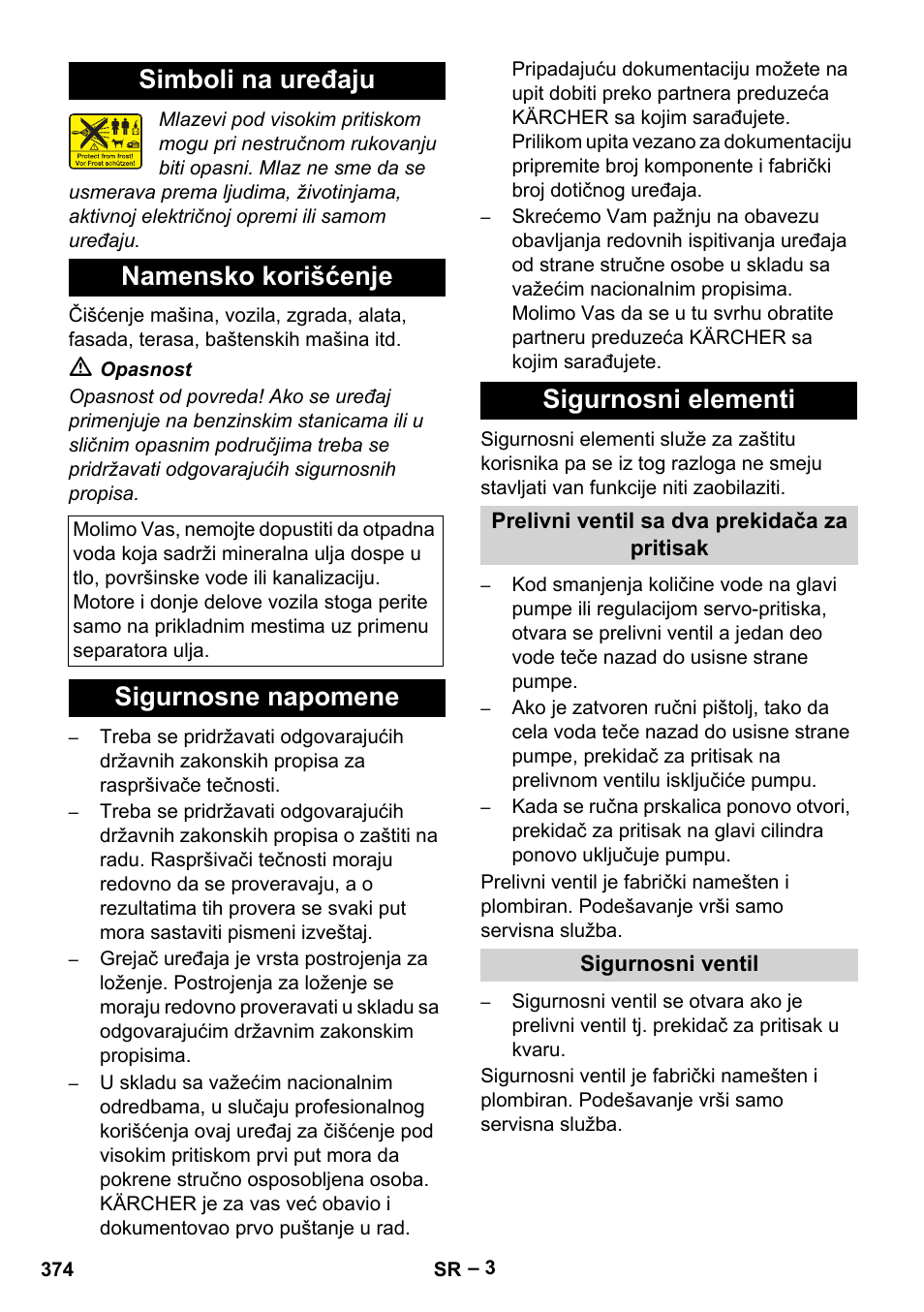 Simboli na uređaju, Namensko korišćenje, Sigurnosne napomene | Sigurnosni elementi, Prelivni ventil sa dva prekidača za pritisak, Sigurnosni ventil, Simboli na uređaju namensko korišćenje, Sigurnosne napomene sigurnosni elementi | Karcher HDS 10-20 -4M CLASSIC EU-I User Manual | Page 374 / 480