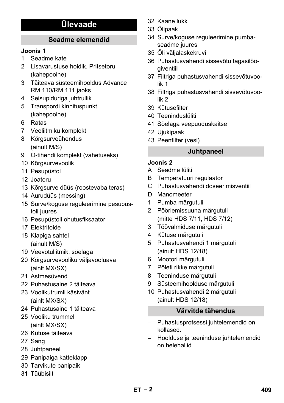 Ülevaade, Seadme elemendid, Juhtpaneel | Värvitde tähendus | Karcher HDS 10-20 -4M CLASSIC EU-I User Manual | Page 409 / 480