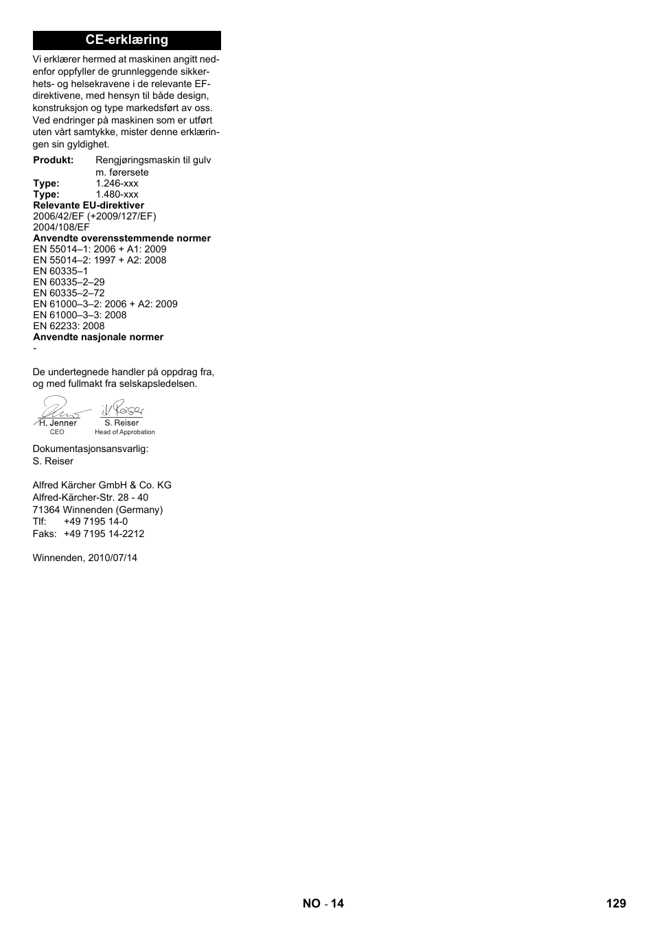 Ce-erklæring | Karcher B 140 R Bp Pack 400 Ah роликовая-дисковая User Manual | Page 129 / 406