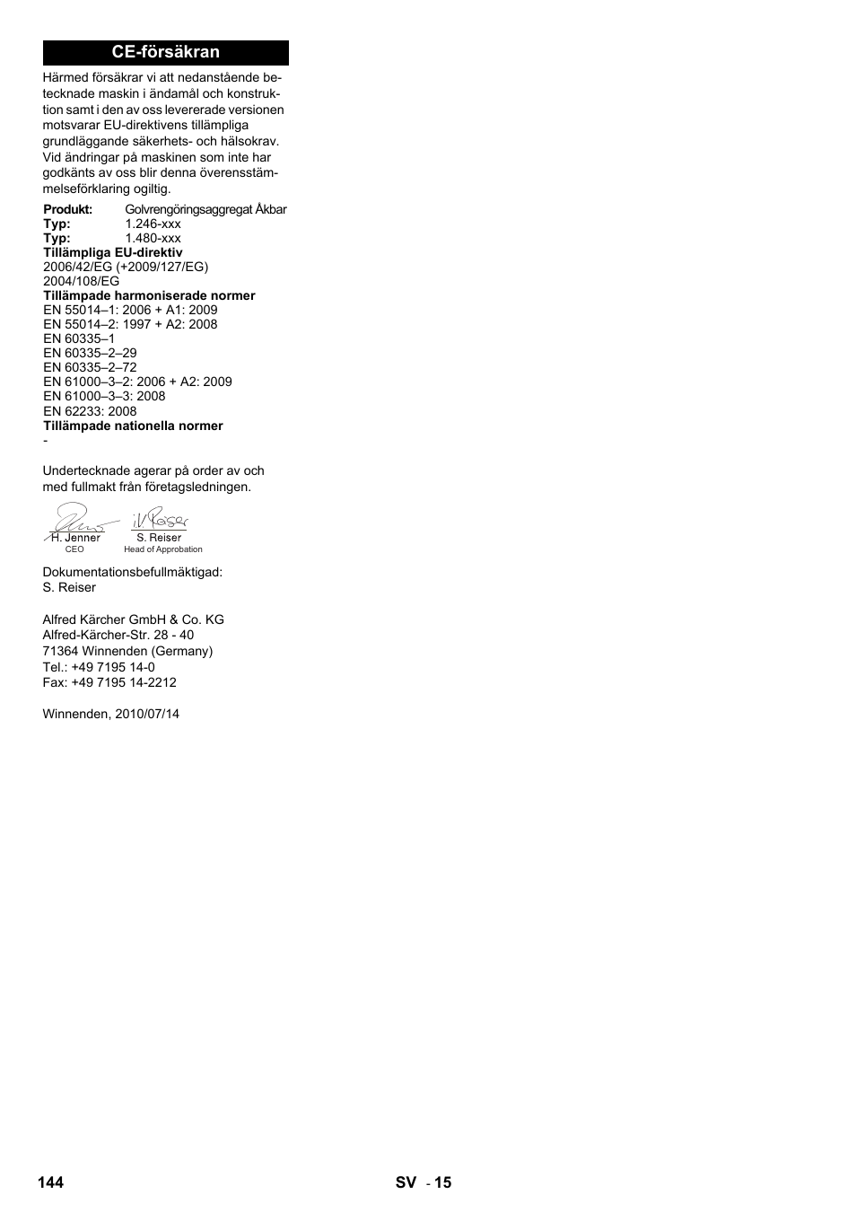 Ce-försäkran | Karcher B 140 R Bp Pack 400 Ah роликовая-дисковая User Manual | Page 144 / 406