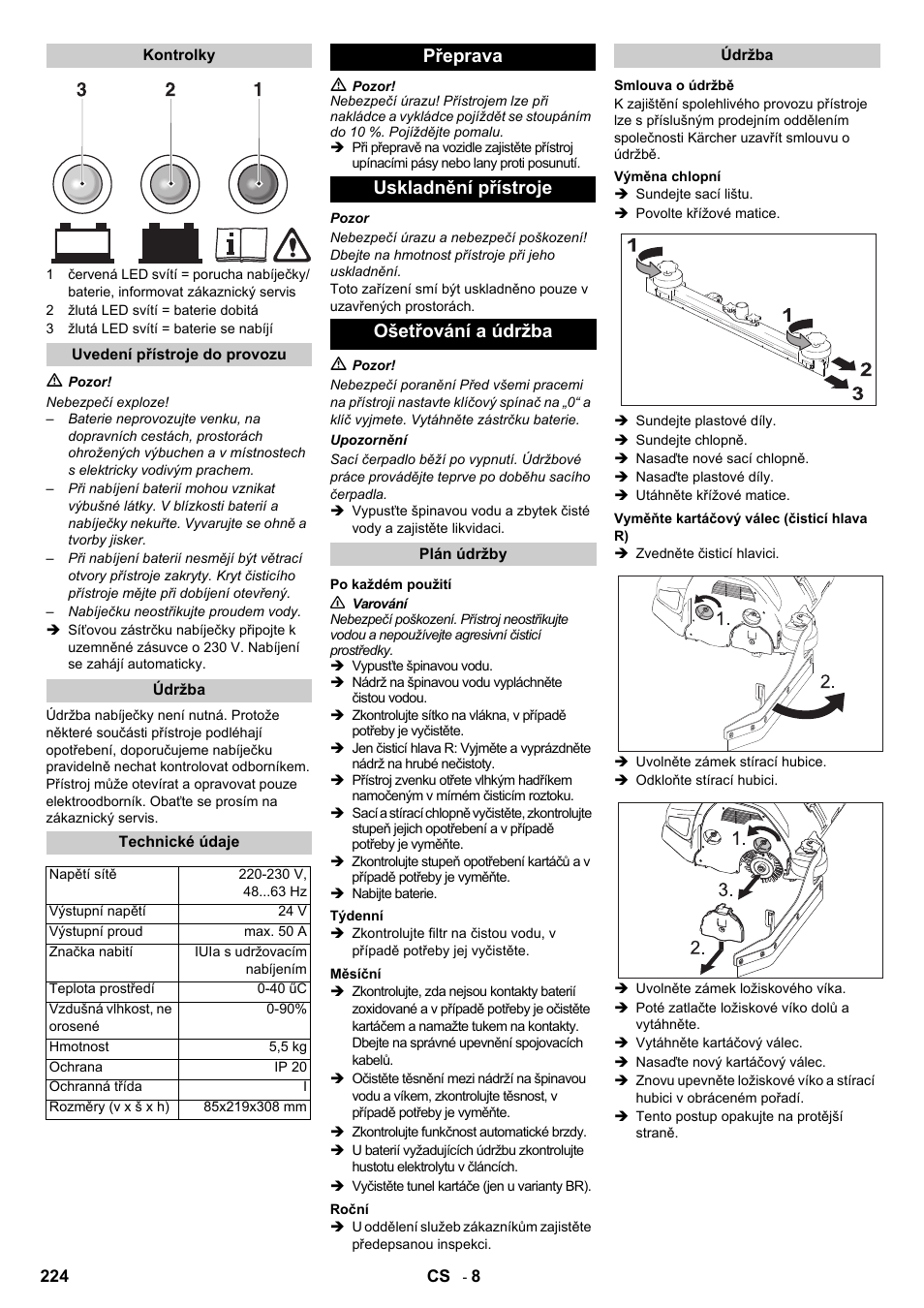Přeprava uskladnění přístroje ošetřování a údržba | Karcher B 140 R Bp Pack 400 Ah роликовая-дисковая User Manual | Page 224 / 406
