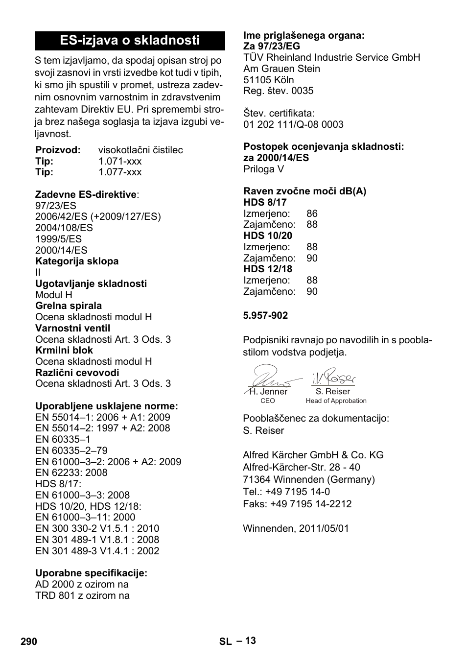 Es-izjava o skladnosti | Karcher HDS 8-17-4M Classic EU User Manual | Page 290 / 468